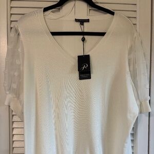 PLUS White 3/4 sleeve sweater with sheer detail sleeves and V-neck 1X NWT